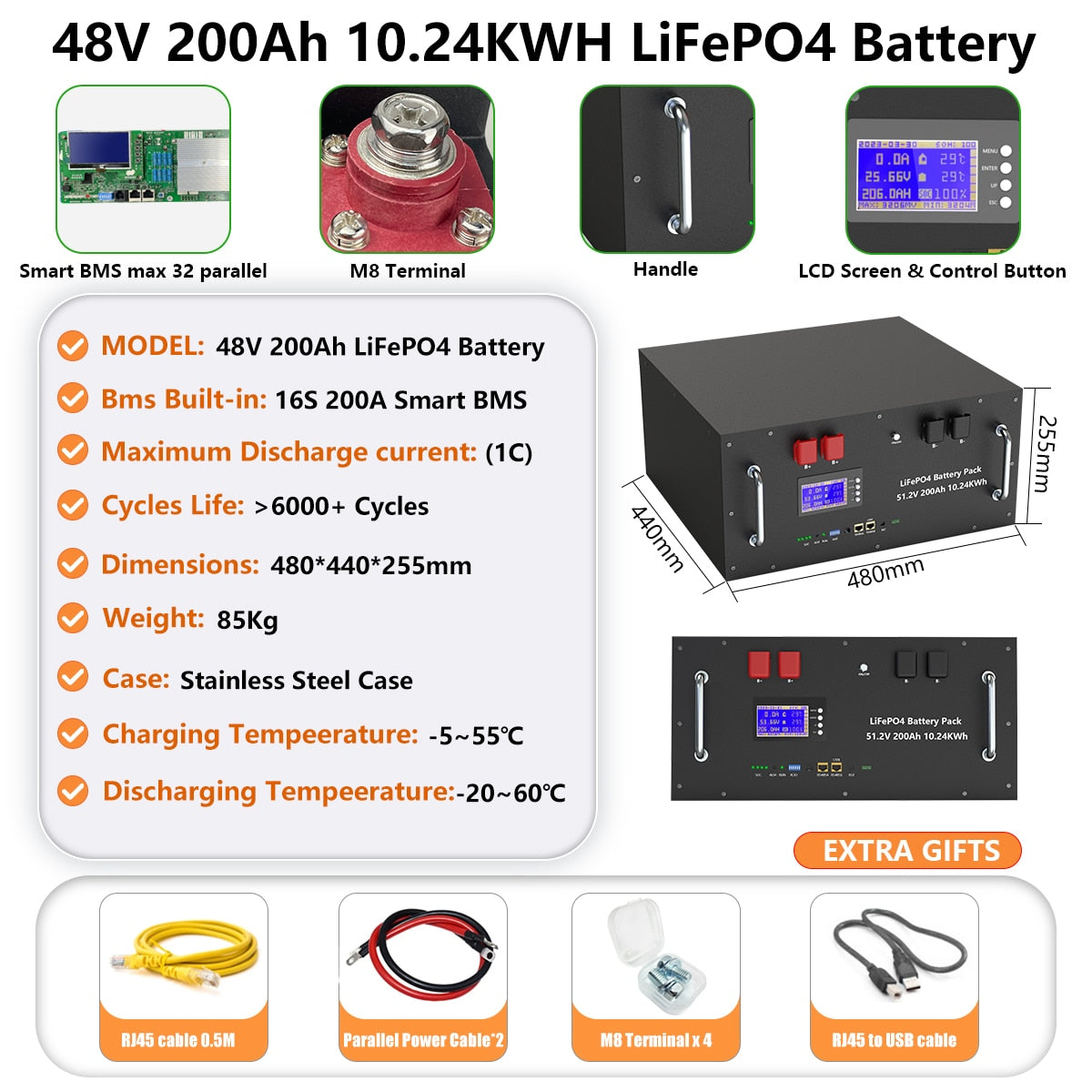 48V 200AH 10KWH Lifepo4 Battery with RS485 and CAN Bus