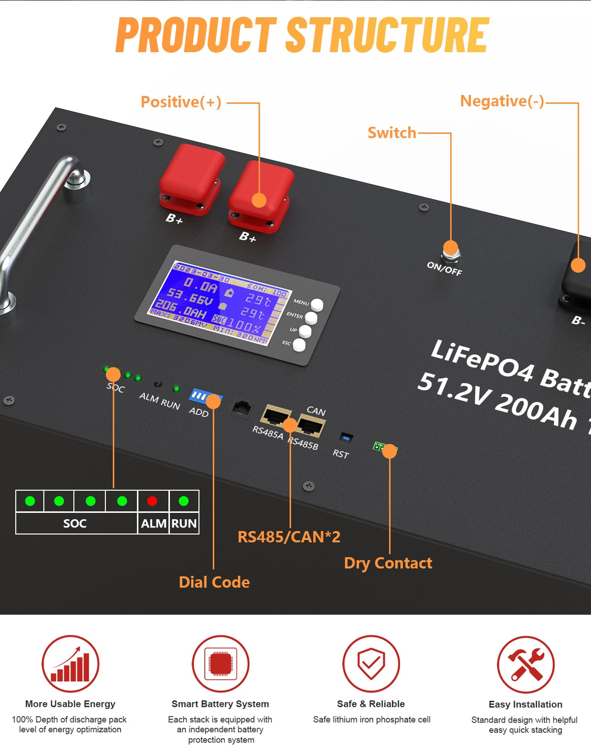 48V 200AH 10KWH Lifepo4 Battery with RS485 and CAN Bus